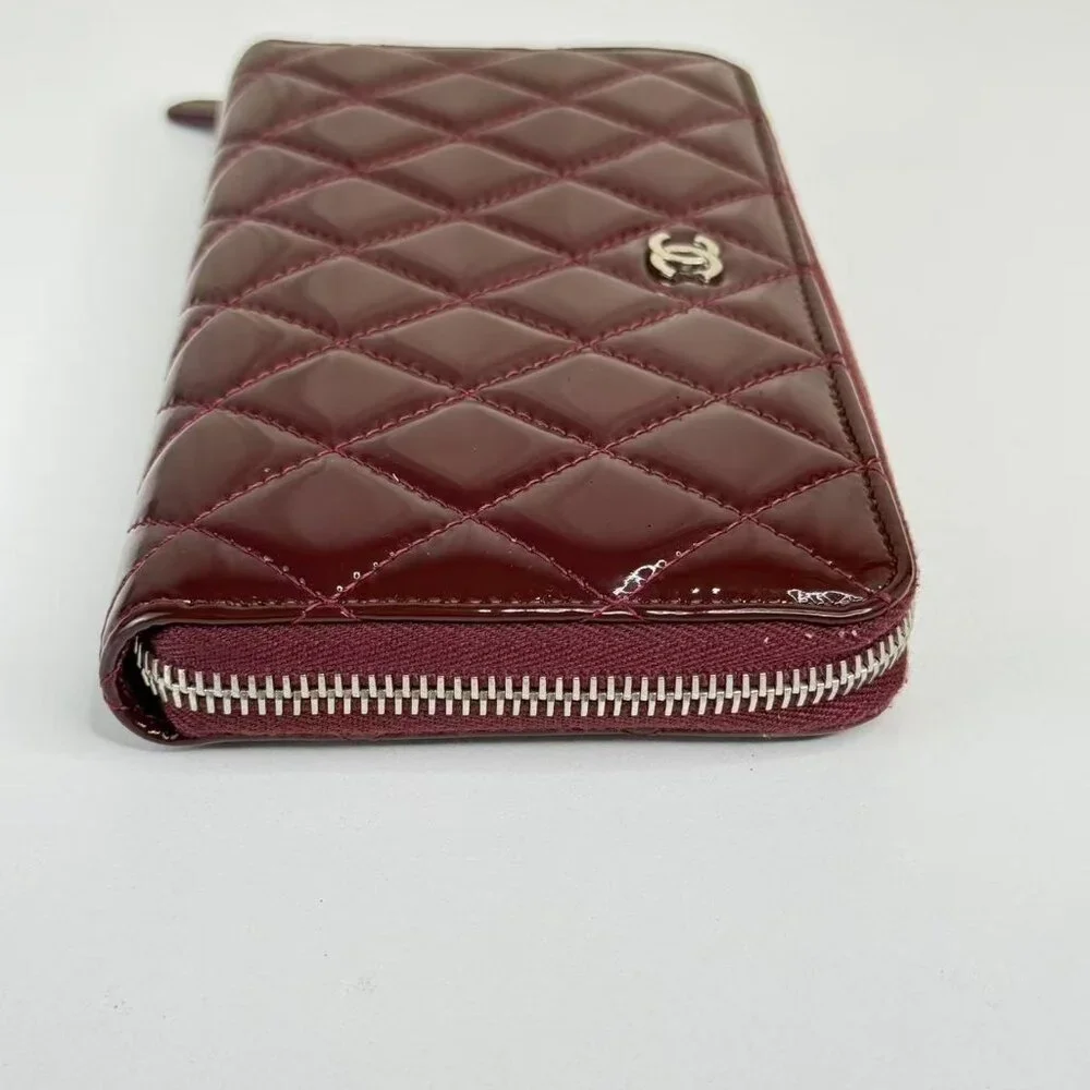 Chanel Burgundy Patent Leather Wallet with Classic Quilted Design